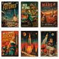 Set of six vintage sci-fi novel fridge magnets with retro artwork, showcasing colorful space and futuristic design elements.