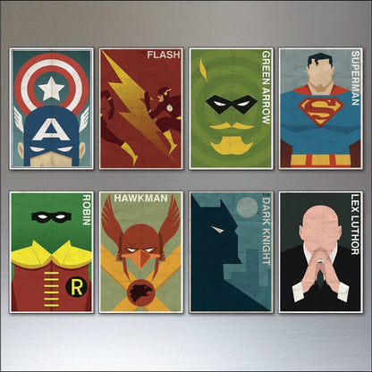 Set of 8 vintage superhero and villain fridge magnets, large decorative magnets featuring comic book characters, unbranded.