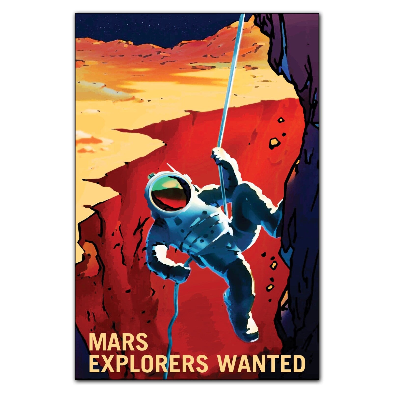 Set of 8 retro sci-fi artwork posters featuring space travel explorers, ideal for science fiction fridge decor.