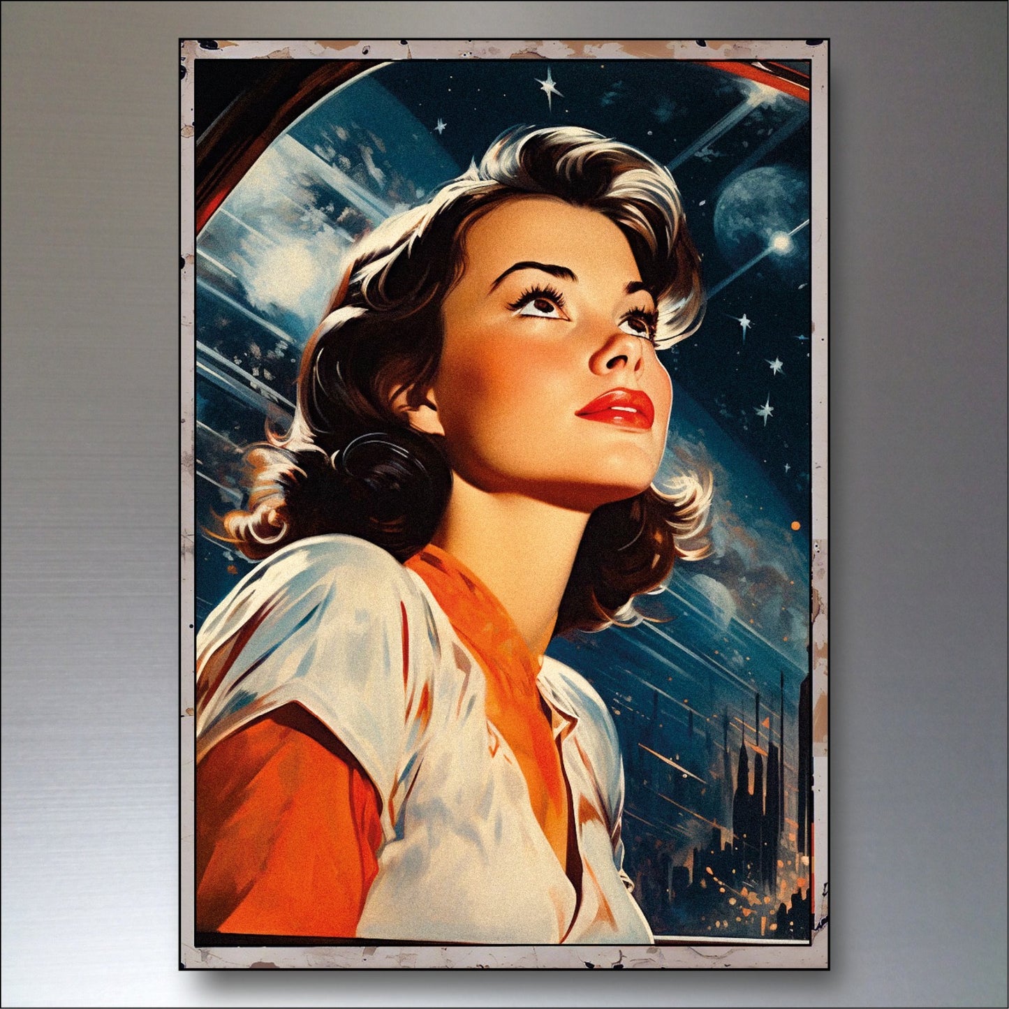 Set of six vintage retro sci-fi fridge magnets featuring classic science fiction artwork, unbranded large magnetic collectibles.