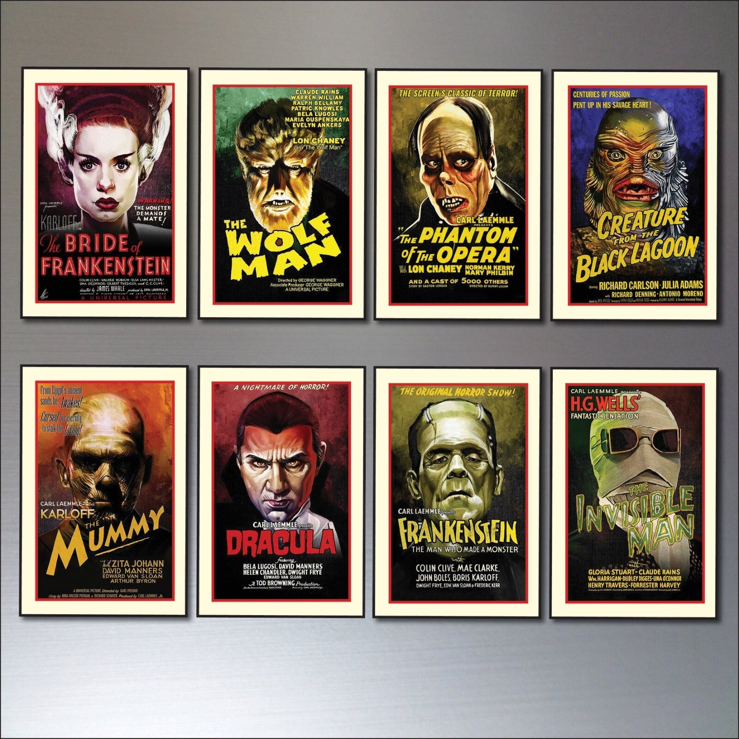 Set of 8 vintage Hammer Horror movie poster fridge magnets featuring classic horror images and artwork.