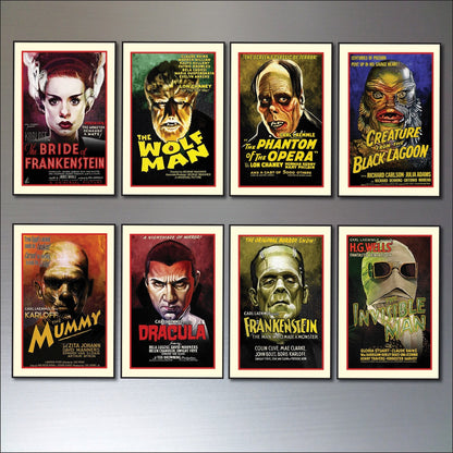 Set of 8 vintage Hammer Horror movie poster fridge magnets featuring classic horror images and artwork.