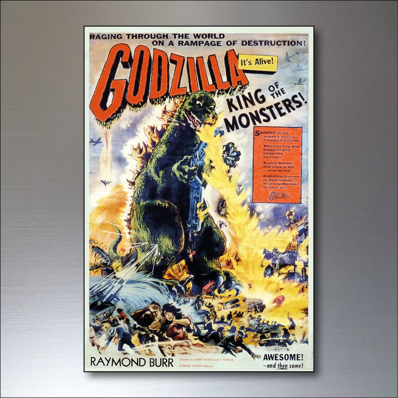 Set of 8 vintage Godzilla film poster fridge magnets featuring classic monster images, unbranded collectible kitchen decor.