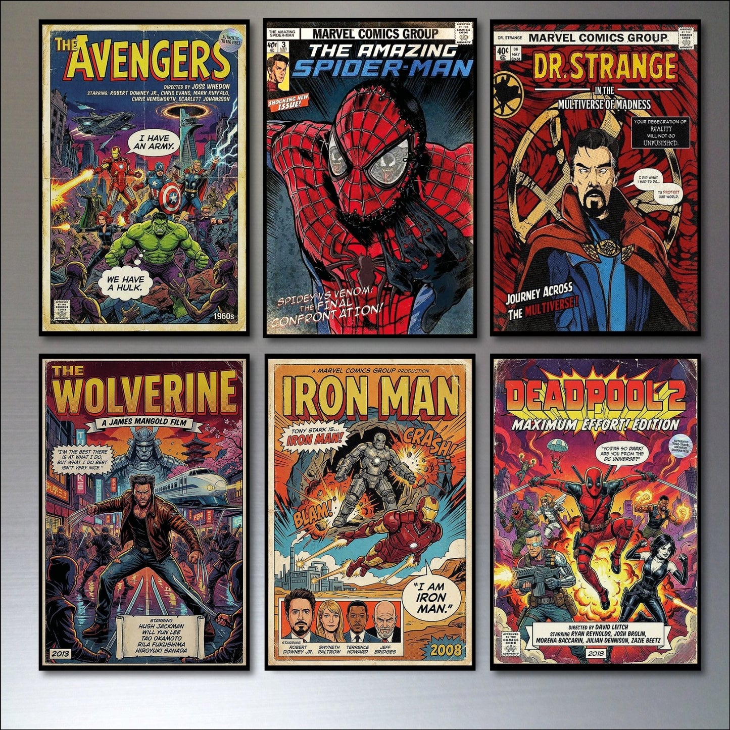 Set of six vintage superhero and villain fridge magnets featuring colorful comic book characters from the Super Hero brand.