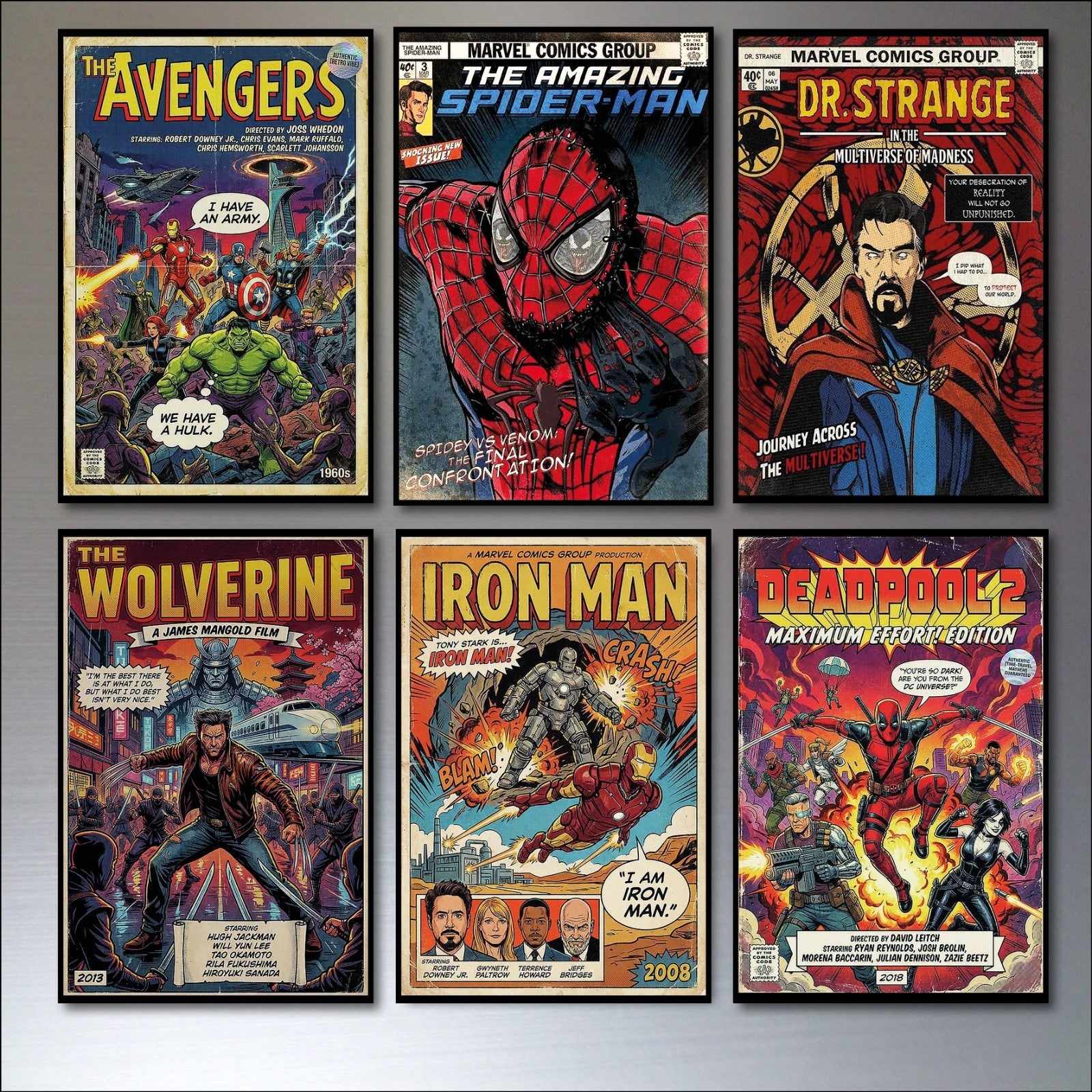 Set of six vintage superhero and villain fridge magnets featuring colorful comic book characters from the Super Hero brand.