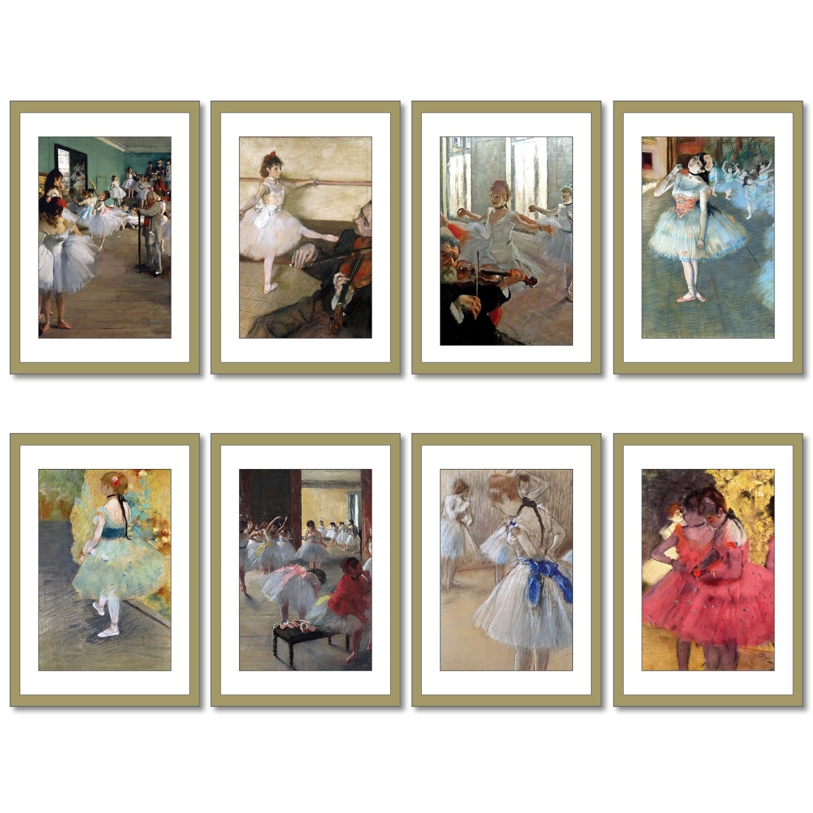 Set of 8 vintage Edgar Degas Impressionist art fridge magnets featuring colorful ballet and dance scene images.