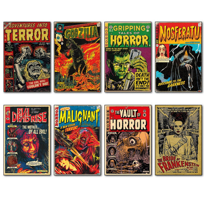 Set of 8 vintage Halloween horror comic cover fridge magnets featuring spooky, scary illustrations and vibrant colors.