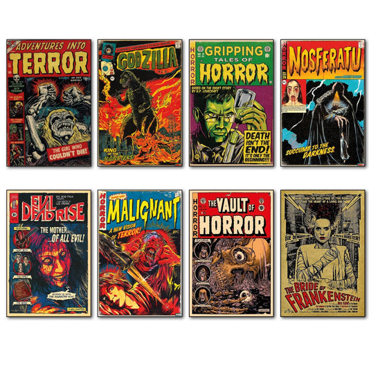 Set of 8 vintage Halloween horror comic cover fridge magnets featuring spooky, scary illustrations and vibrant colors.