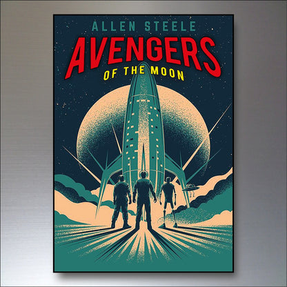 Set of six vintage retro sci-fi novel artwork fridge magnets featuring classic space-themed illustrations and bold vintage designs.