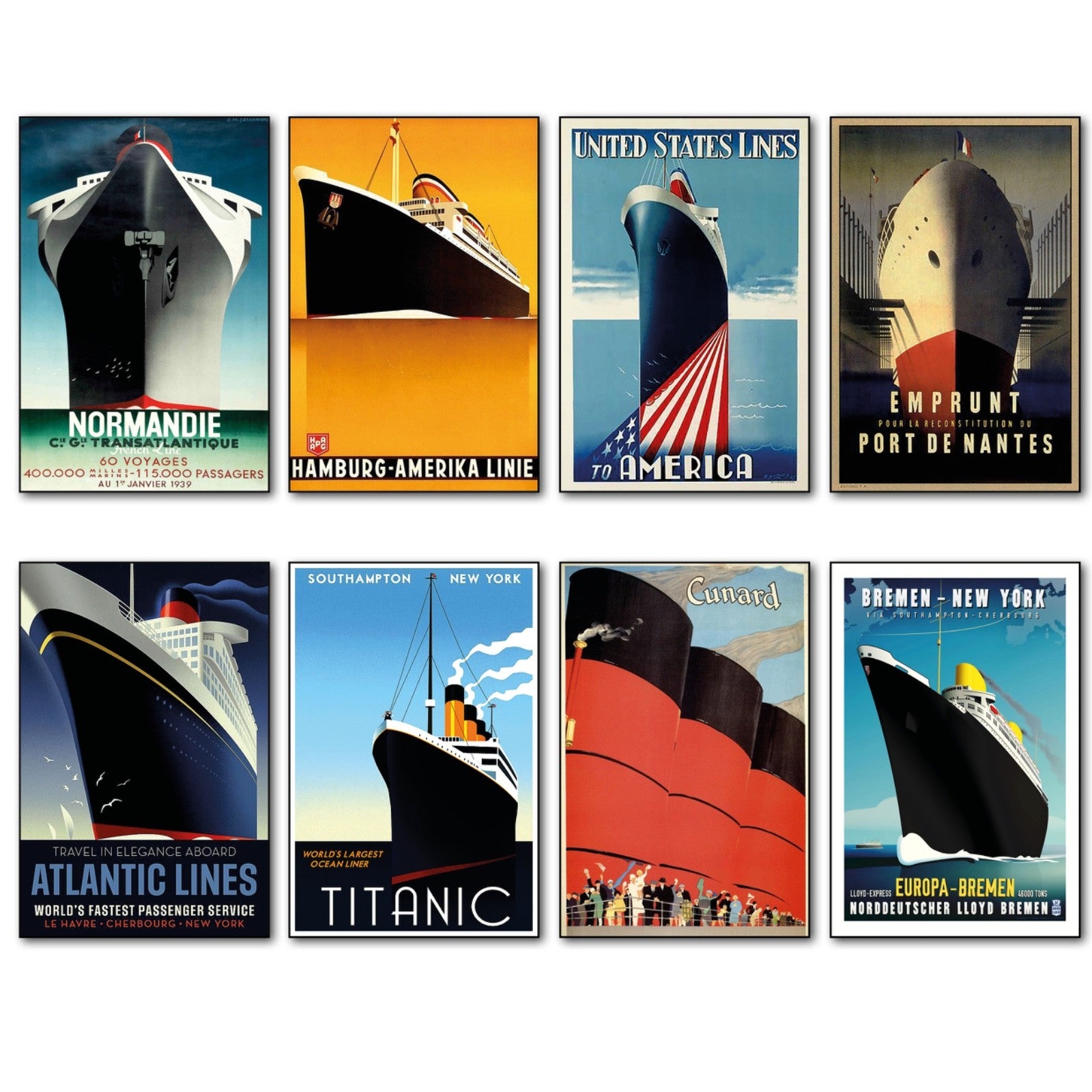 Set of 8 classic Atlantic liner shipping advertising fridge magnets, featuring vintage maritime images and logos.