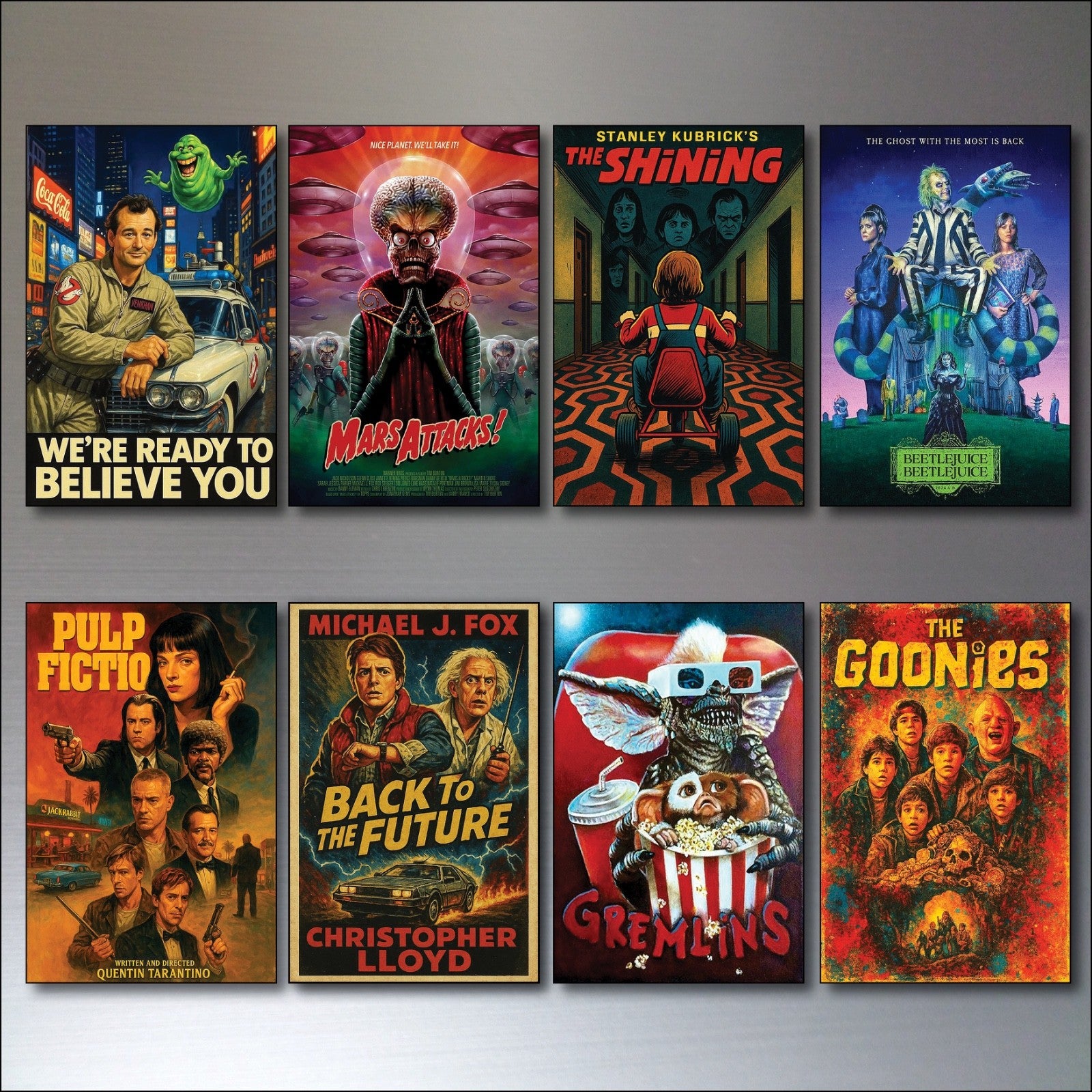 Set of 8 vintage classic film poster fridge magnets, flexible and colorful, featuring iconic movie imagery for decorative kitchen decor.