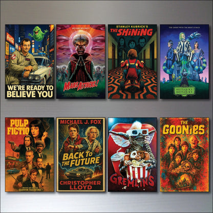 Set of 8 vintage classic film poster fridge magnets, flexible and colorful, featuring iconic movie imagery for decorative kitchen decor.