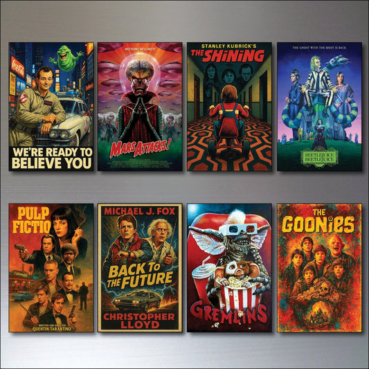 Set of 8 vintage classic film poster fridge magnets, flexible and colorful, featuring iconic movie imagery for decorative kitchen decor.