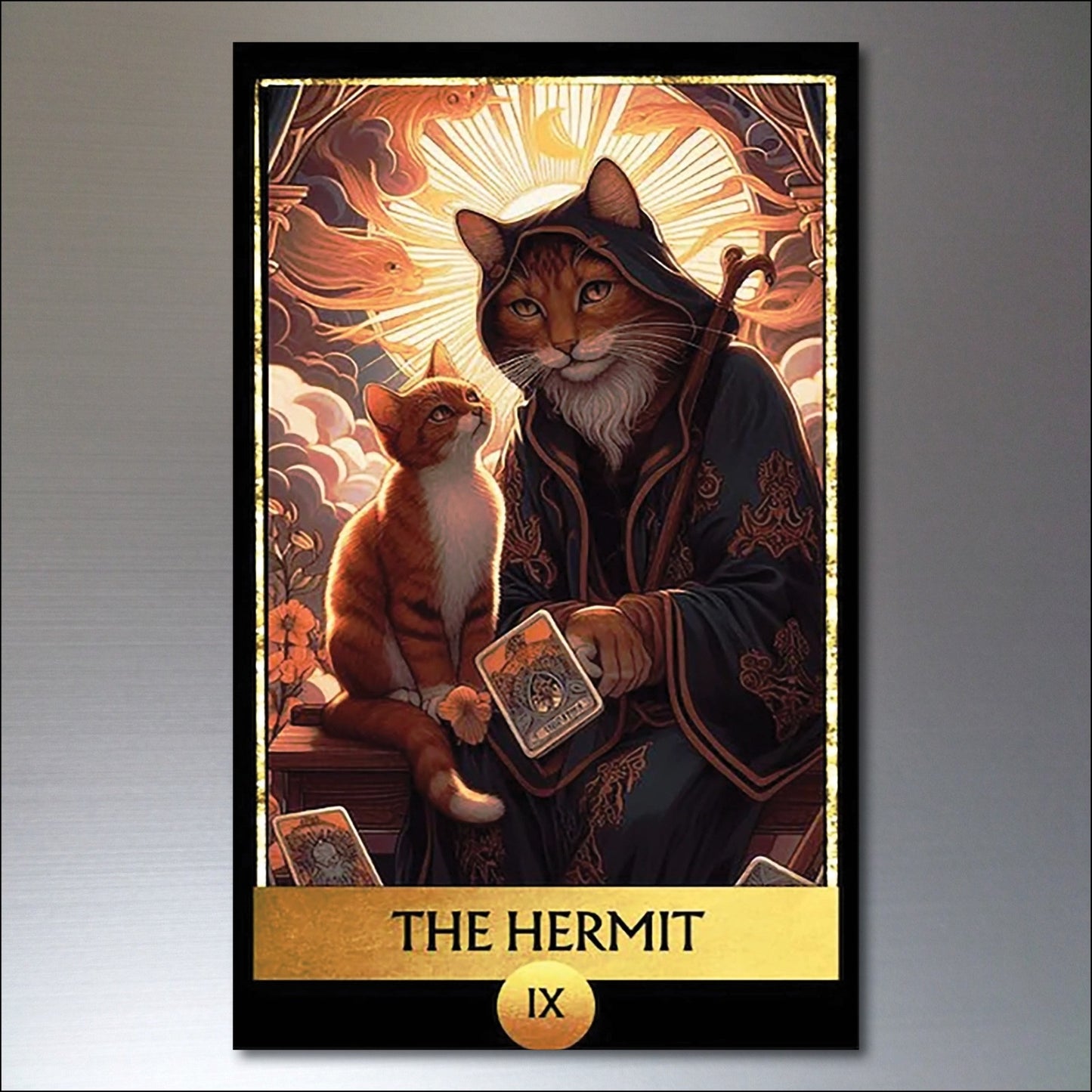 Set of 8 vintage tarot cat fridge magnets featuring mystical cat art, perfect for retro kitchen decor and feline art enthusiasts.