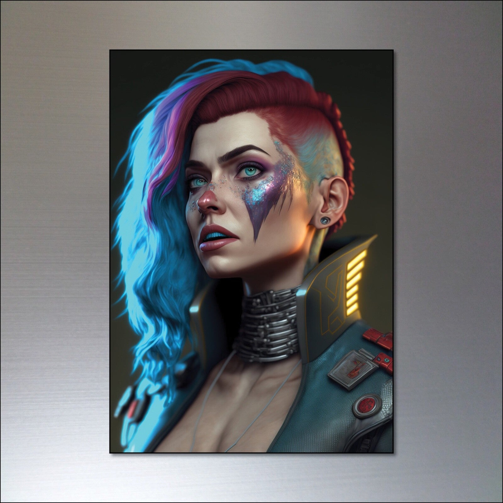 Set of 8 Cyberpunk and steampunk women superhero fridge magnets with colorful, detailed designs on metal surfaces.