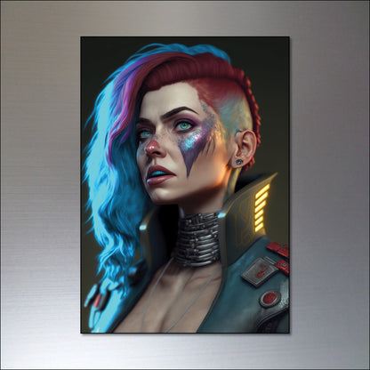 Set of 8 Cyberpunk and steampunk women superhero fridge magnets with colorful, detailed designs on metal surfaces.
