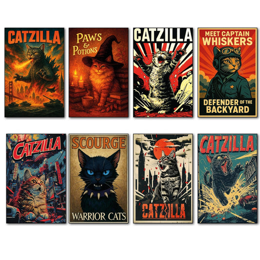 Set of 8 vintage cat retro fridge magnets featuring stylized cat art prints for fun kitchen decor.
