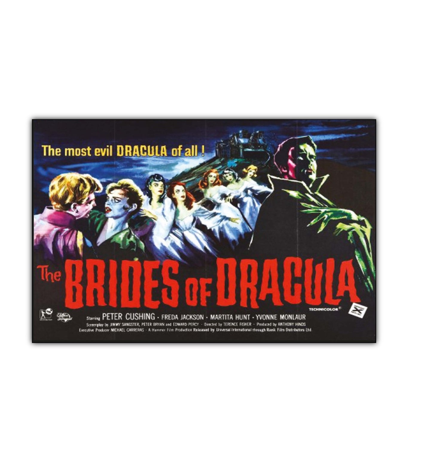 Set of 8 Vintage Hammer Horror movie poster fridge magnets featuring classic horror images and film titles, unbranded collectible magnets.