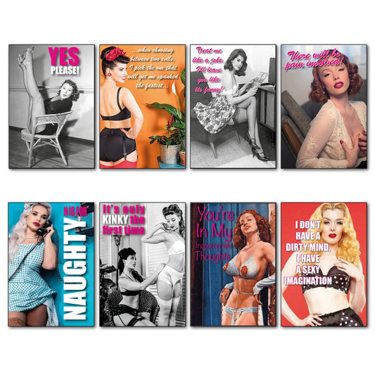 Set of 8 vintage pin-up girl fridge magnets, colorful retro metal decor for refrigerators and magnetic surfaces.