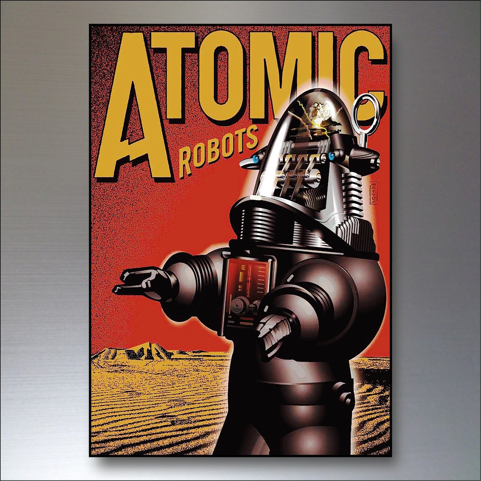 Set of six vintage retro sci-fi novel artwork fridge magnets featuring classic space-themed illustrations, large and colorful.