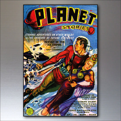 Set of 8 vintage sci-fi novel artwork fridge magnets featuring retro science fiction illustrations and designs.