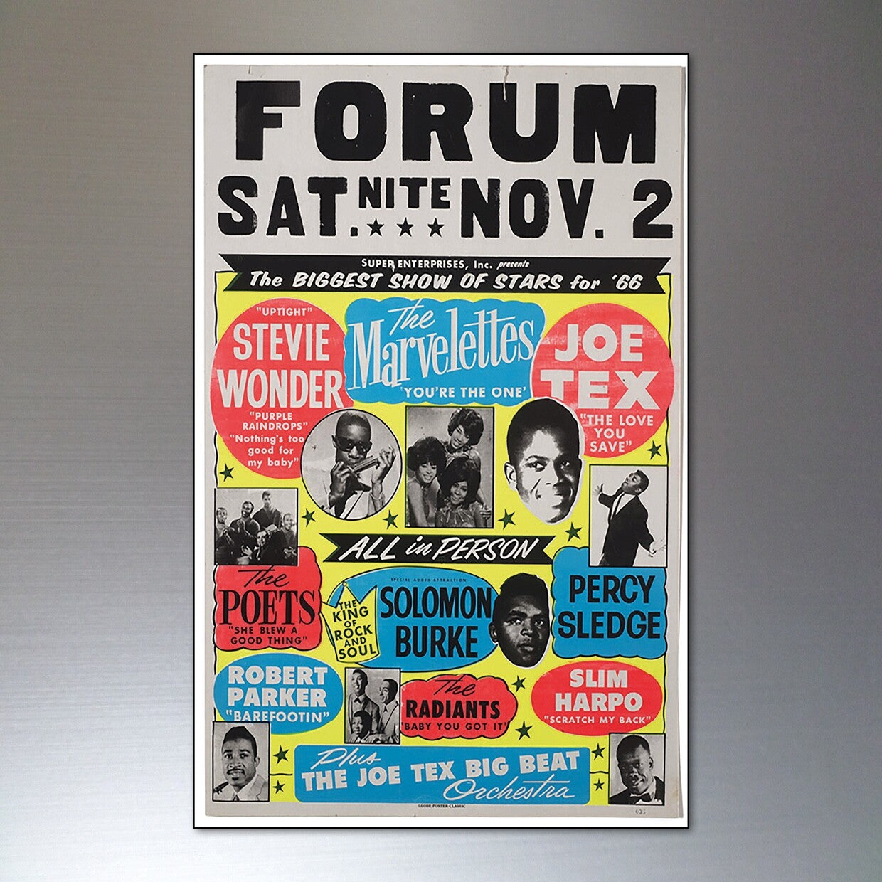 Set of 8 vintage 1960s-70s blues and soul music posters fridge magnets featuring colorful retro music-themed designs.