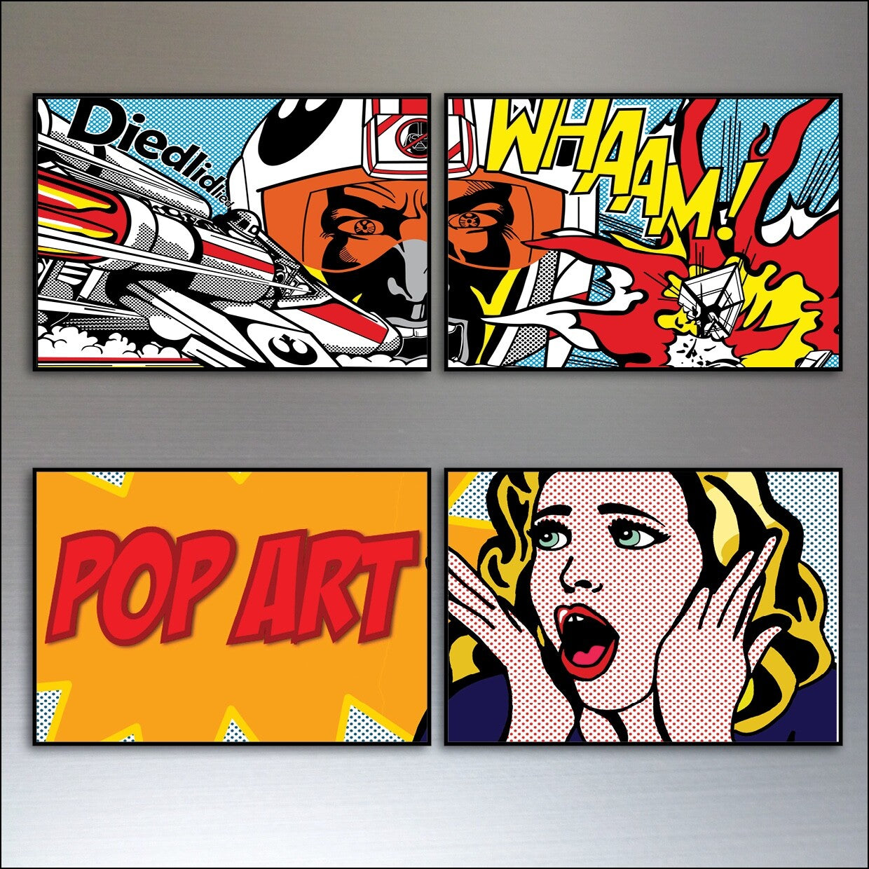 Set of 8 vintage retro pop art fridge magnets featuring Lichtenstein-inspired comic book designs on a white background.