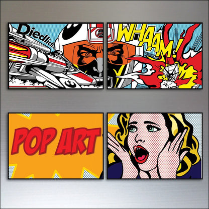 Set of 8 vintage retro pop art fridge magnets featuring Lichtenstein-inspired comic book designs on a white background.