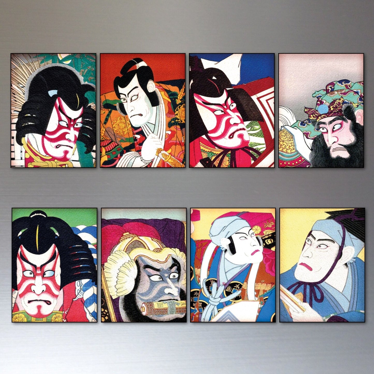 Set of 8 Japanese decorative fridge magnets featuring traditional Edo period kabuki art by Japanese brand.