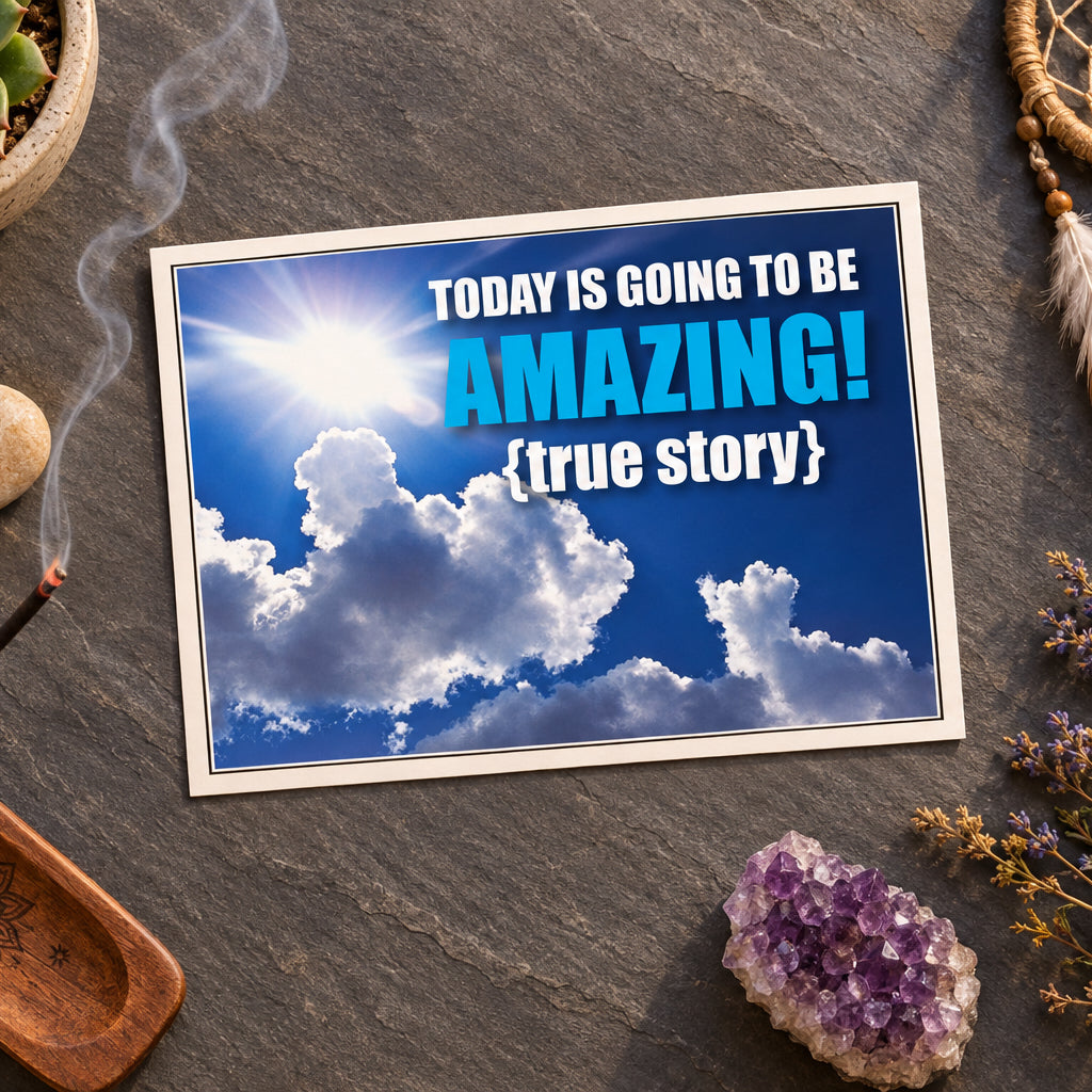 A motivational graphic with the text 'TODAY IS GOING TO BE AMAZING! {true story}' over a bright blue sky with white clouds and a sunburst.