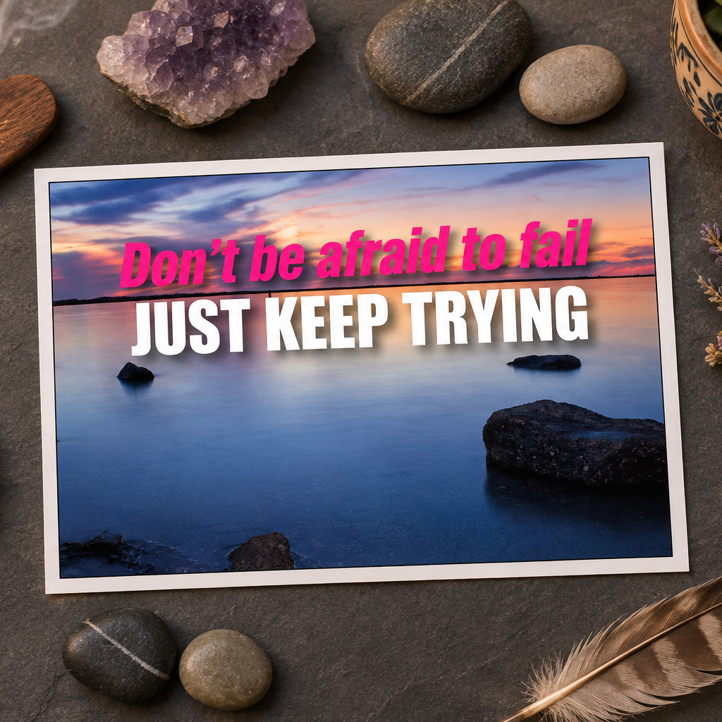 A motivational quote graphic reading 'Don't be afraid to fail JUST KEEP TRYING' in pink and white text over a calm lake landscape at dusk with rocks in the foreground.