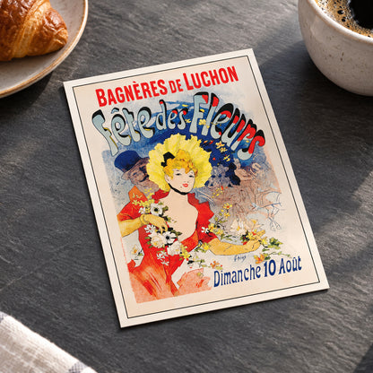 A vintage French advertising poster for 'Bagnères de Luchon - Fête des Fleurs' displayed against a neutral gray gradient background. The poster features a colorful illustration of a woman in a red dress and yellow hat, a man in a top hat, and floral elements, with bold red and blue lettering.