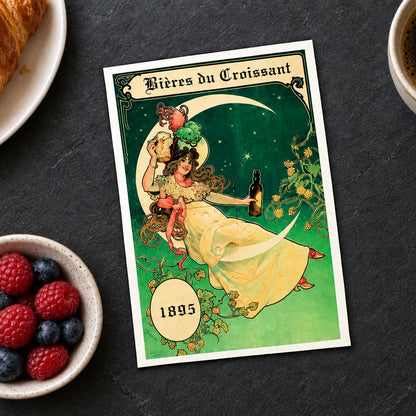 A vintage-style poster print featuring an Art Nouveau illustration with the text 'Bières du Croissant' and '1895'. The artwork shows a woman in a flowing cream dress seated on a crescent moon, holding a bottle and surrounded by green vines and grapes.