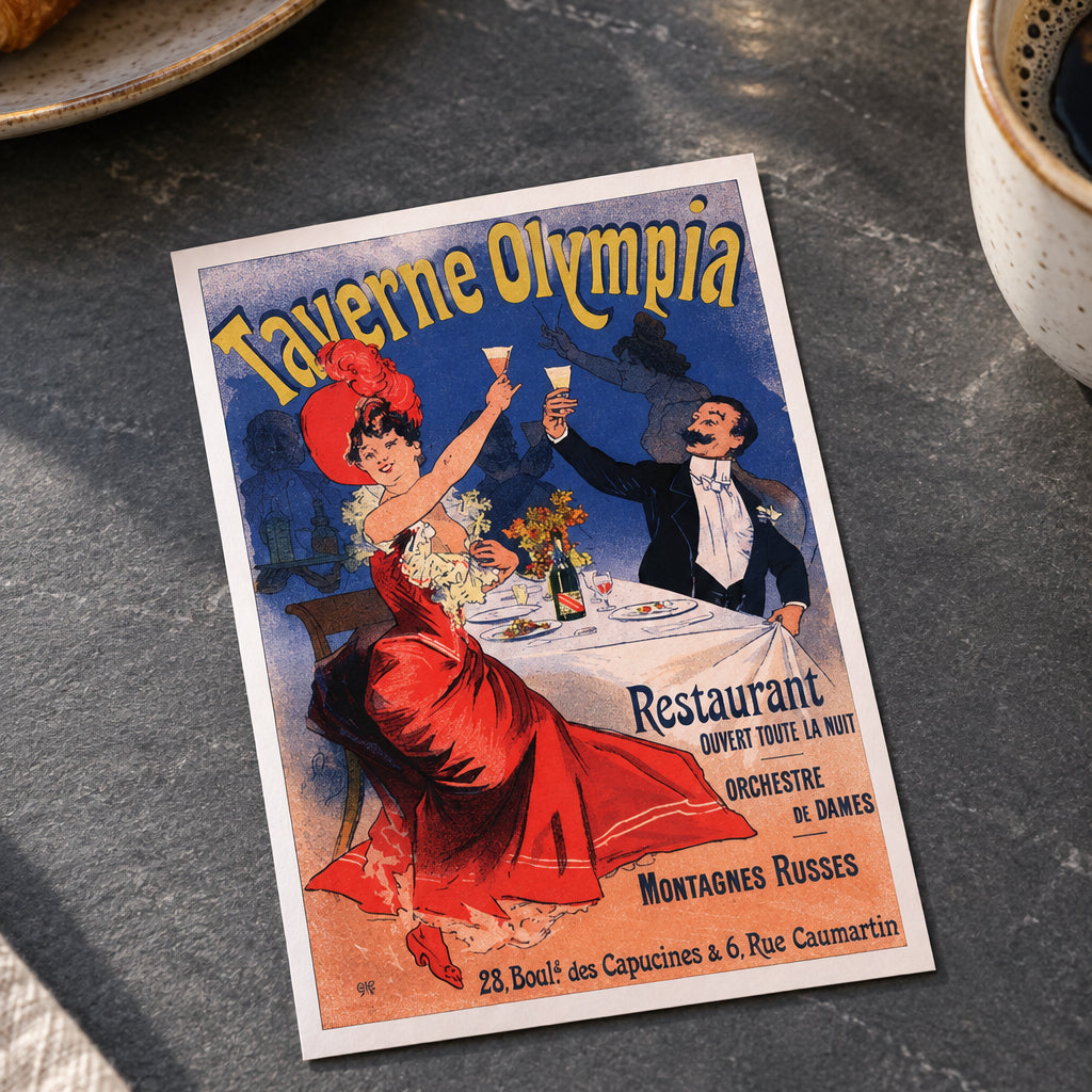 A vintage-style poster or print for Taverne Olympia restaurant, showing an illustrated woman in a red dress raising a glass with a man in a black suit at a table. The poster has large yellow title text and additional French text, displayed against a gray gradient background.