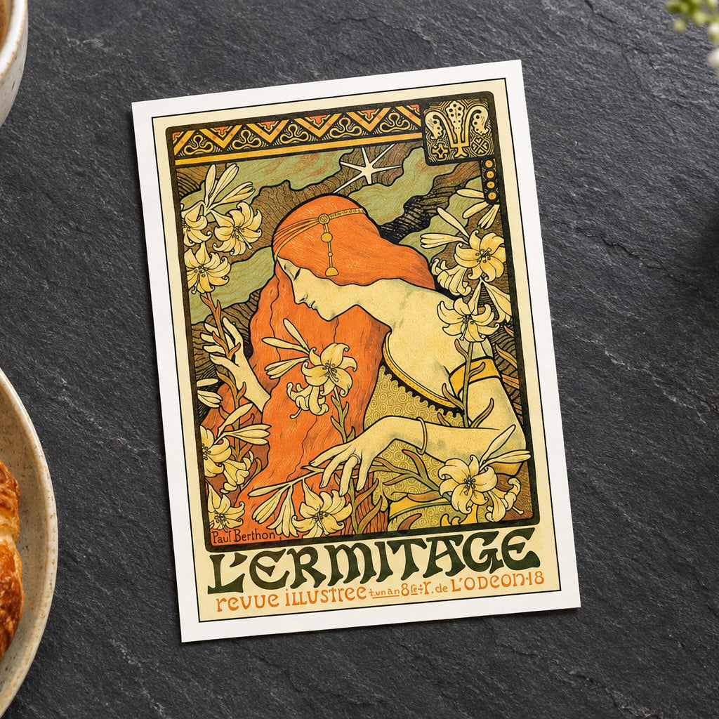 An Art Nouveau style poster print featuring a woman with long orange-red hair surrounded by white flowers, with the French title 'L'ERMITAGE' at the bottom, shown centered on a gray gradient background.