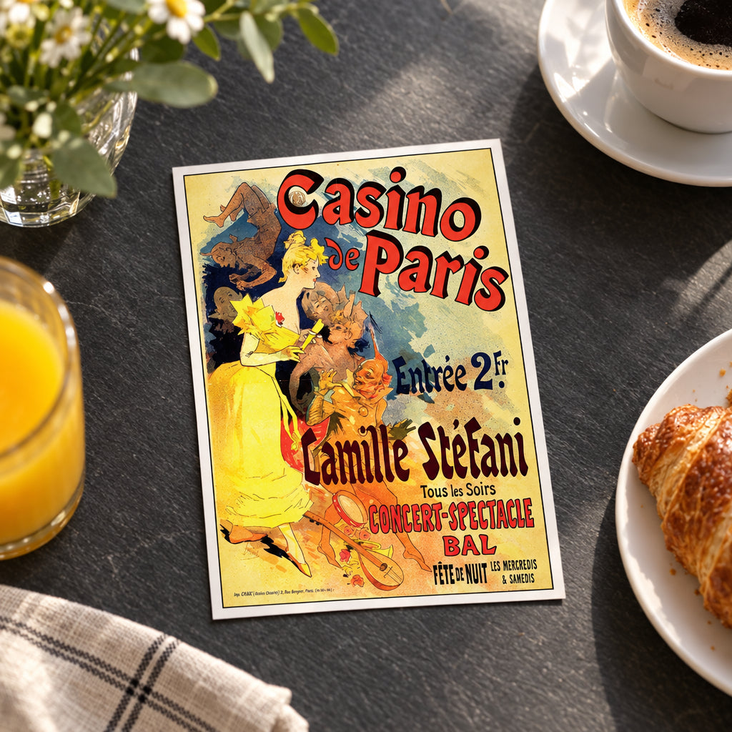 A vintage-style poster for 'Casino de Paris' with illustrated figures, large red and black typography, and a yellow background, shown against a gray gradient backdrop.