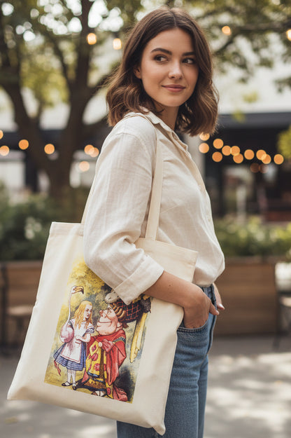 A natural canvas tote bag featuring a colorful printed illustration of Alice in Wonderland characters, including the Queen of Hearts and a white rabbit, on a solid white background.