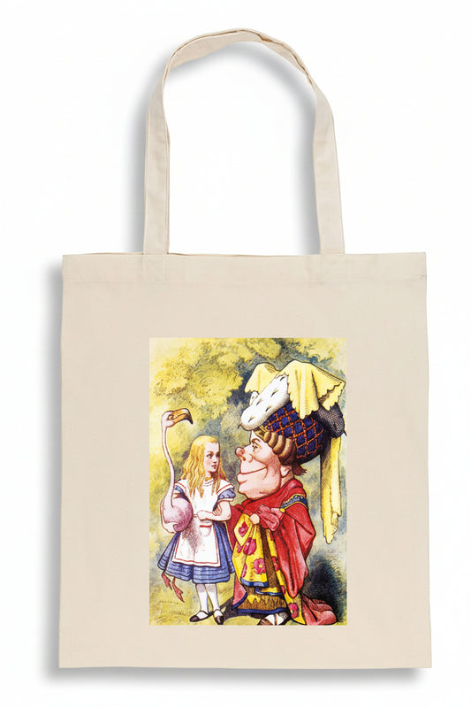 A natural canvas tote bag featuring a colorful printed illustration of Alice in Wonderland characters, including the Queen of Hearts and a white rabbit, on a solid white background.