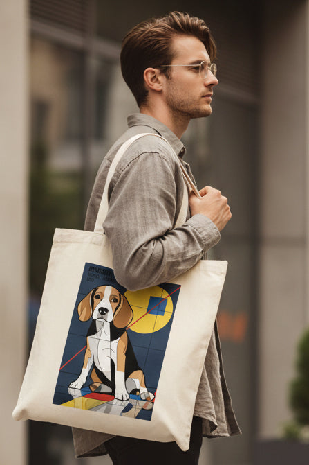 A cream-colored canvas tote bag featuring a graphic print of a beagle dog in a geometric, Bauhaus-inspired style with a yellow circle, blue square, and red lines.