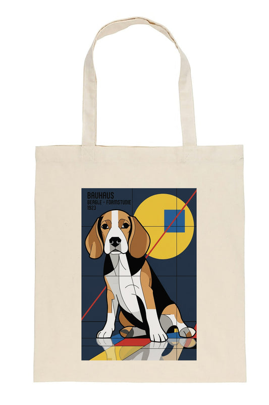 A cream-colored canvas tote bag featuring a graphic print of a beagle dog in a geometric, Bauhaus-inspired style with a yellow circle, blue square, and red lines.
