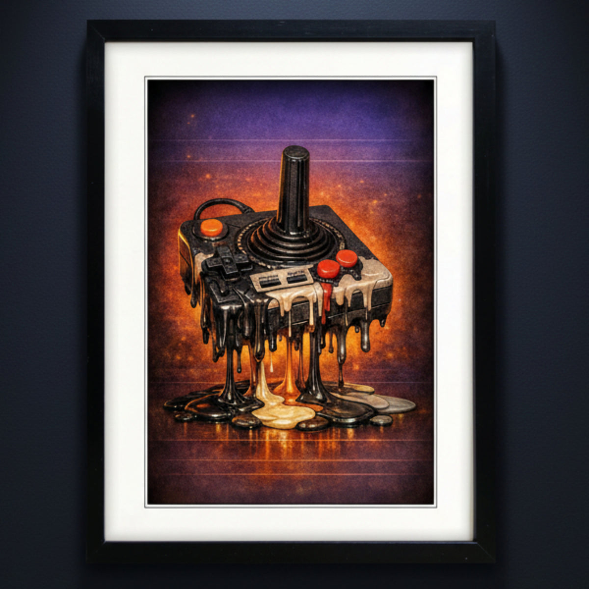 Framed wall art featuring a surreal illustration of a retro game controller dripping melted chocolate, set against a purple and orange background. The print is matted in white and housed in a black frame, shown on a plain white background.