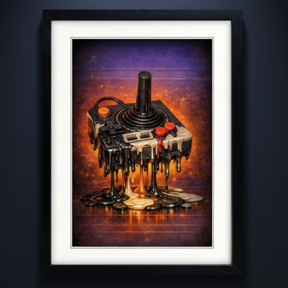 Framed wall art featuring a surreal illustration of a retro game controller dripping melted chocolate, set against a purple and orange background. The print is matted in white and housed in a black frame, shown on a plain white background.