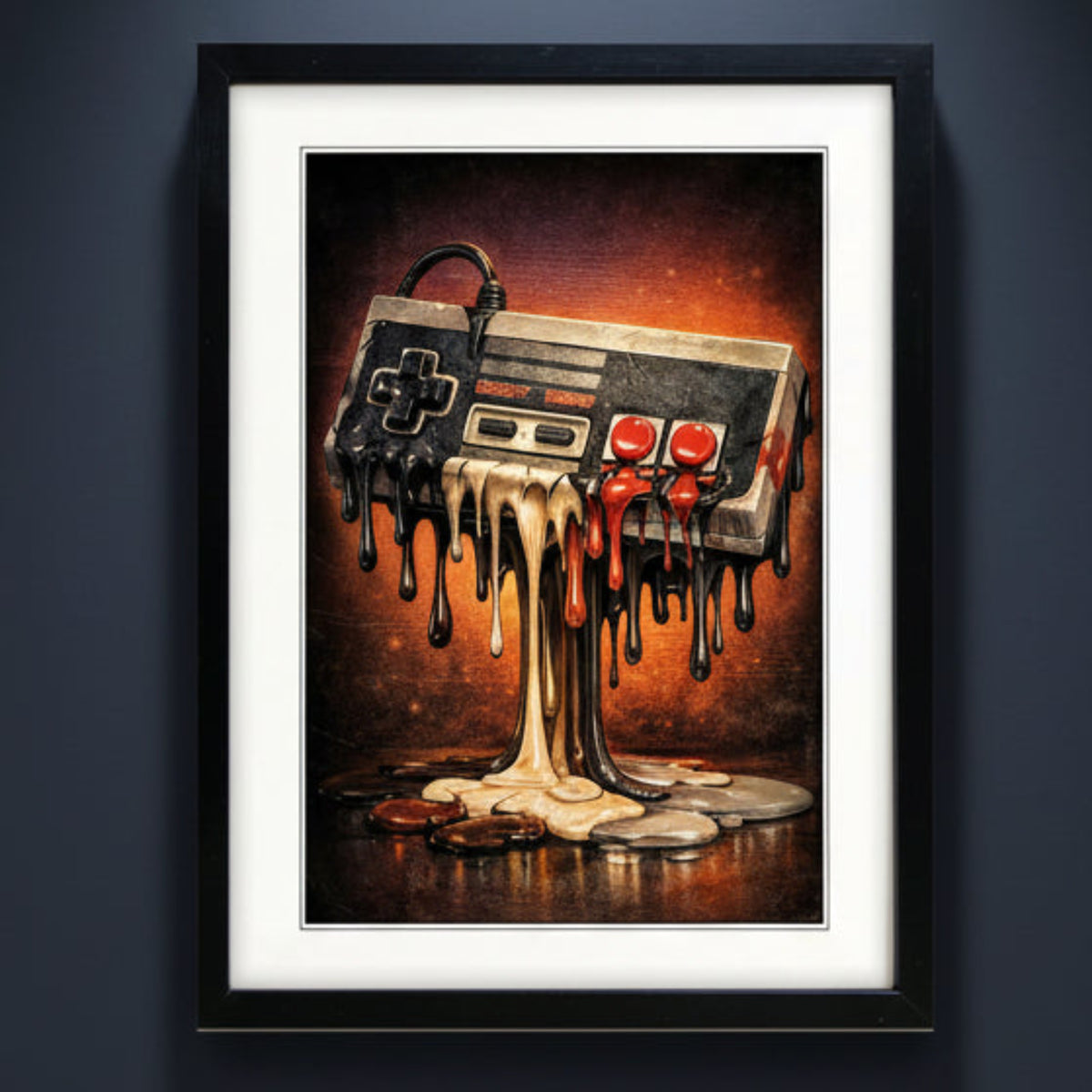 Framed wall art featuring a retro video game controller dripping melted cream and red wax over a dark, fiery background, shown in a black frame with a white mat.