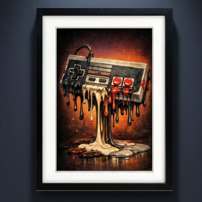 Framed wall art featuring a retro video game controller dripping melted cream and red wax over a dark, fiery background, shown in a black frame with a white mat.