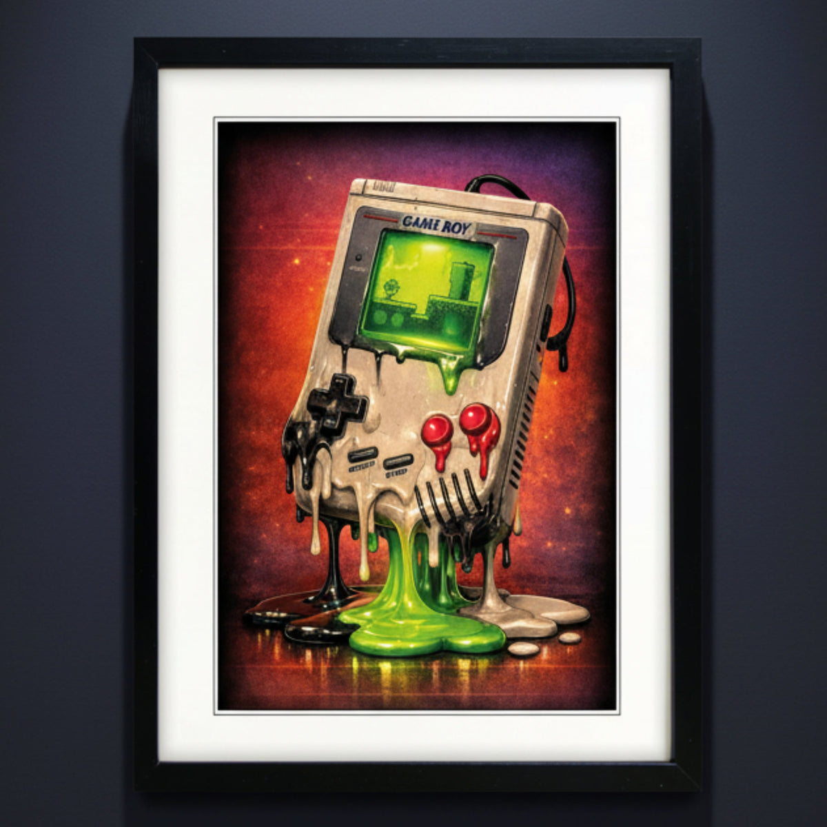 Framed wall art featuring a stylized Game Boy console with melted green and black drips, set against a fiery red and purple background. The print is shown in a black frame with a white mat on a plain white background.