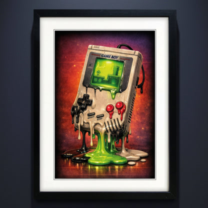 Framed wall art featuring a stylized Game Boy console with melted green and black drips, set against a fiery red and purple background. The print is shown in a black frame with a white mat on a plain white background.