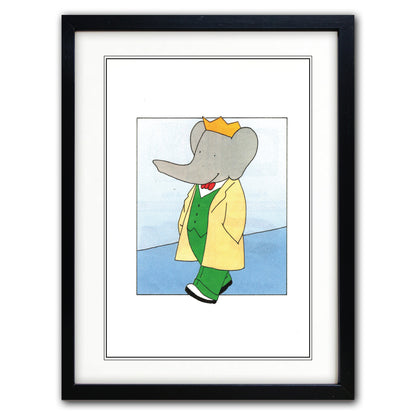 Framed art print featuring a cartoon elephant wearing a yellow coat, green vest, green pants, red bow tie, and a small gold crown, shown in a black frame with white matting.
