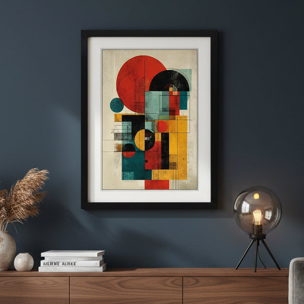 Framed abstract geometric wall art featuring bold red, teal, yellow, black, and cream shapes, presented in a black frame with a white mat against a light gray background.