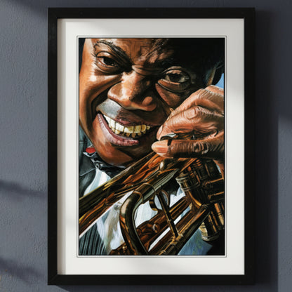 Framed wall art featuring a close-up painted portrait of a smiling jazz musician holding a brass instrument, shown in a black frame with white matting on a light gray background.