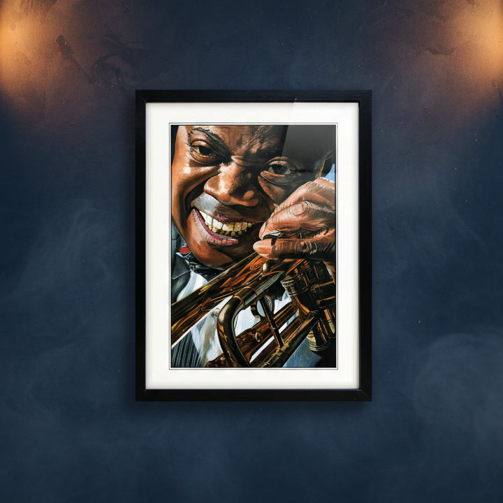 Framed wall art featuring a close-up painted portrait of a smiling Louis Armstrong holding a brass instrument, shown in a black frame with white matting on a light blue background.